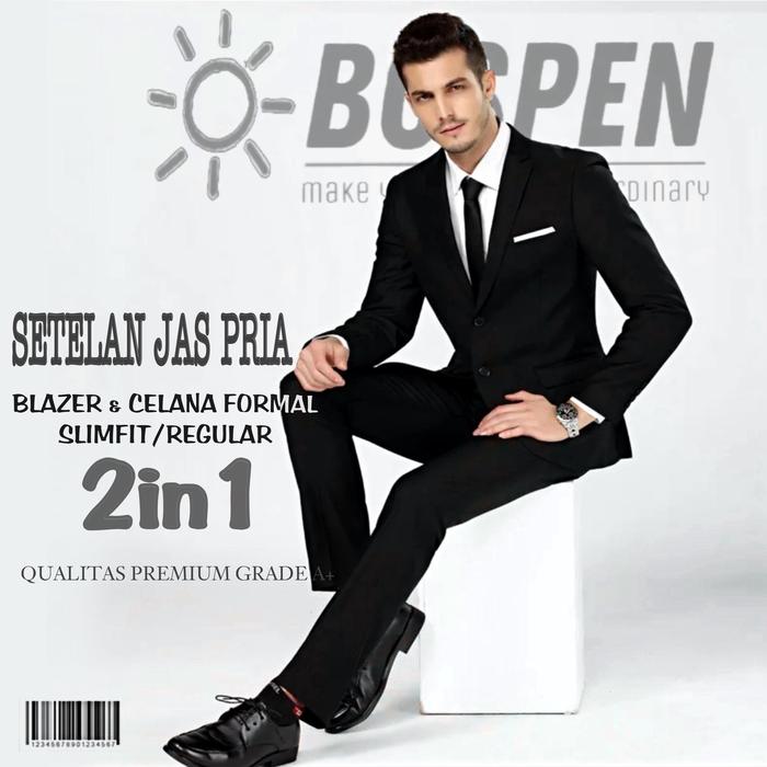 Setelan Jas Pria Mewah Bahan Silk Woll Premium Grade A+ Bospen Pakaian Formal High Quality Ukuran S 