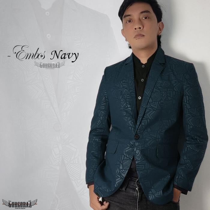 blazer jas motif pria batik embos biru navy slimfit casual formal