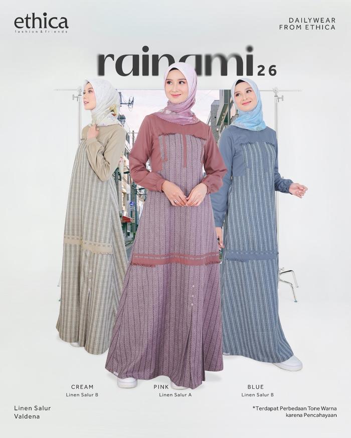 Ethica Rainami 26 Gamis Wanita Warna Blue Cream Pink Bahan Linen Salur Valdena Motif Garis Kombinasi