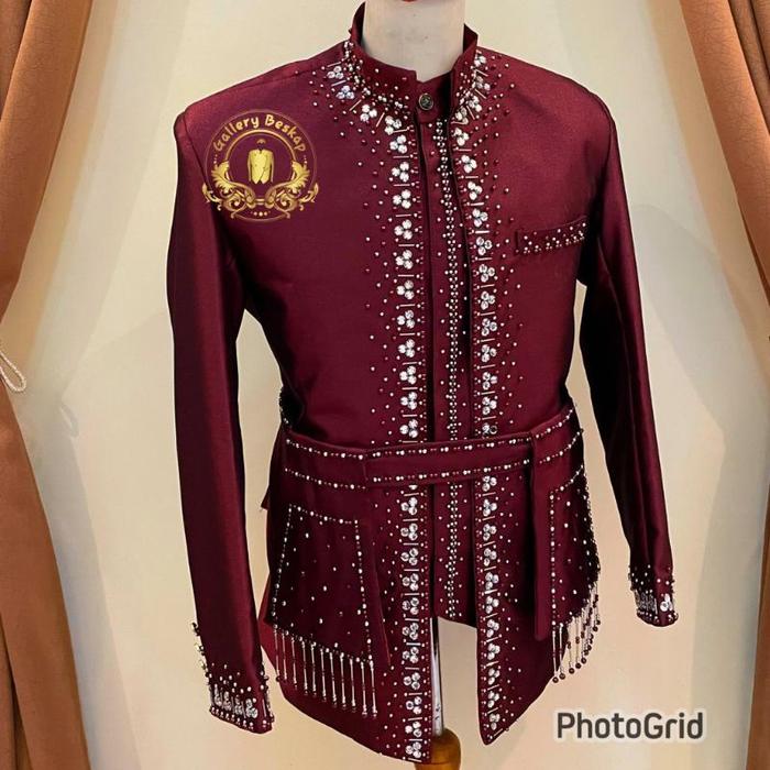 (RS) Beskap sunda premium wool glowsy / basofi sunda merah maroon