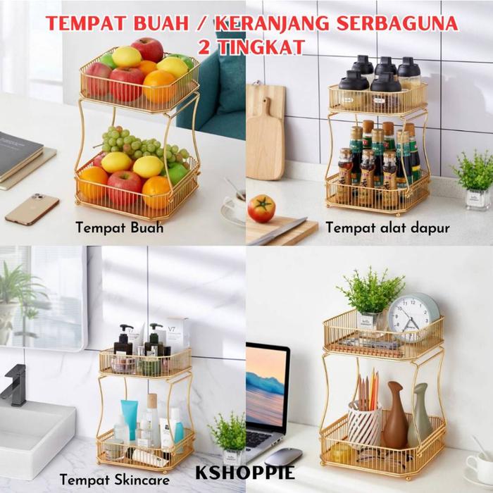 Rak Keranjang Buah Gold PREMIUM 2 in 1 / Rak Tempat Buah Estetik Tingkat Susun 2 Bahan Besi Emas / F