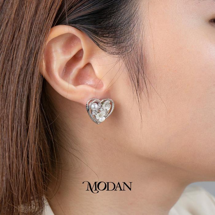 Modan - Double Flower 3D Heart Frame Shell Pearl Studs Statement Bridal Earrings Anting Tusuk Pesta 