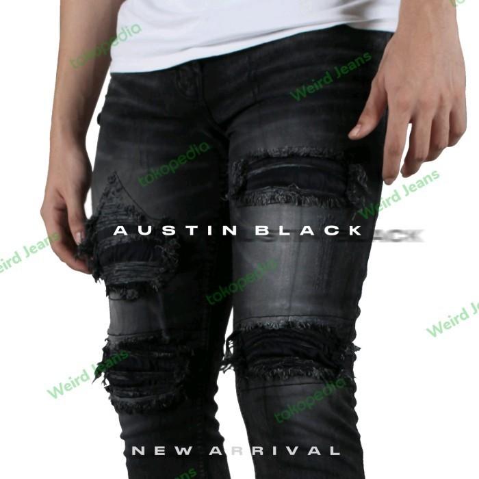 TerlarisModern- Weird Jeans Austin Black - Celana Jeans Pria Pensil Sobek Slim - Austin,34