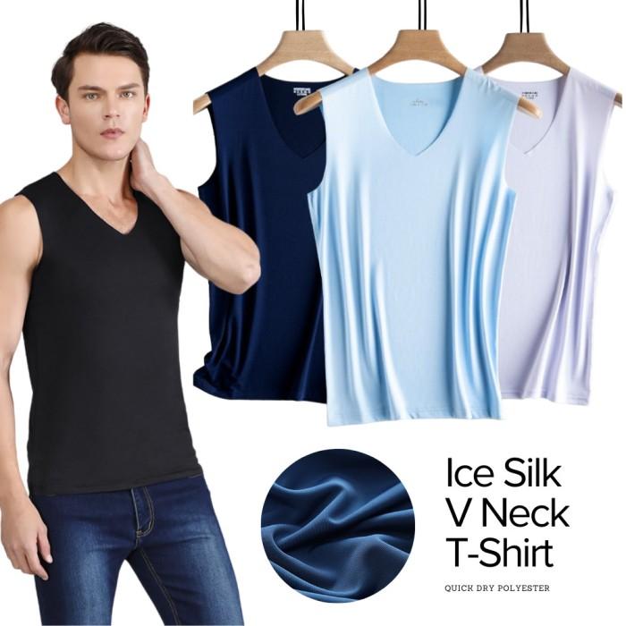 TerlarisModern- Kaos Dalam Pria Singlet Polos Warna V Neck Ice Silk Spandex T-Shirt Tipis Tali Besar