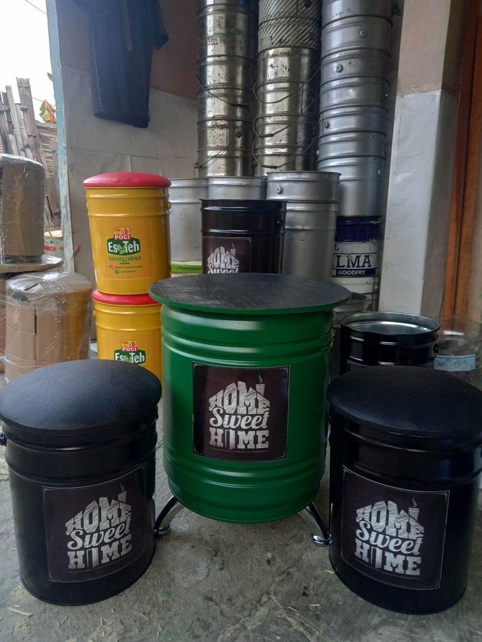Tampil Mewah Kursi Tong + Meja Drum Besi Kursi Cafe Kursi Teras 2Bangku+1Meja