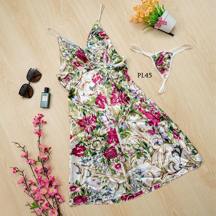 Baju Tidur Wanita Mini Dress Bahan Satin Motif Bunga Premium PL45