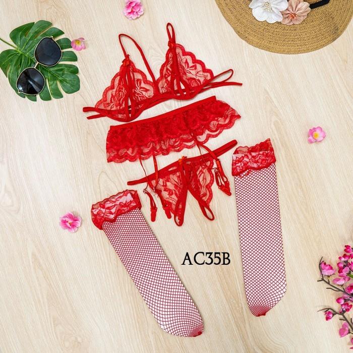BH CD SEXY UNDERWEAR WANITA + STOCKING SEXY + GARTER BELT MERAH AC35B