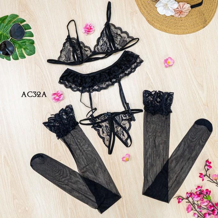 [SIAP KIRIM] BRA CD G STRING + STOCKING SEXY + GARTER BELT HITAM AC32A