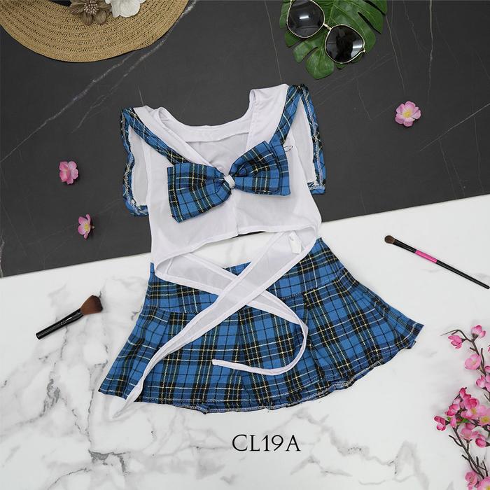 Set Lingerie Wanita Cosplay Student Uniform Motif Kotak Biru CL19A