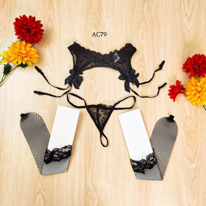 Garter Stocking Belt Gstring Sexy Lingerie Set Hitam AC79