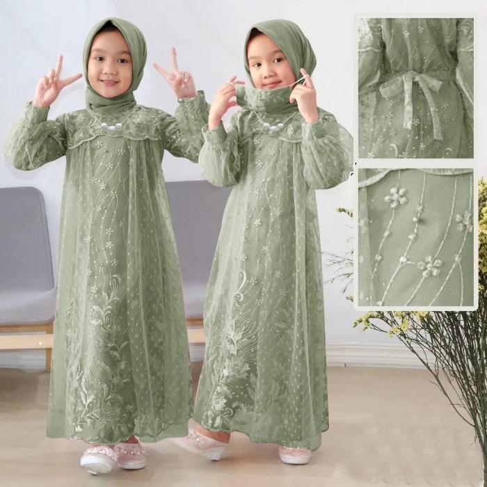 Terlaris Gamis Anak Eliana Kids 3 - 16 Thn Brukat Tile Dot Hijau Sage Ps