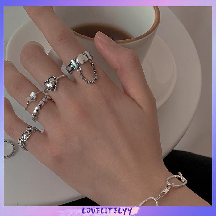 5Pcs / Set Cincin Jari Telunjuk Model Terbuka Desain Hati Hollow Gaya