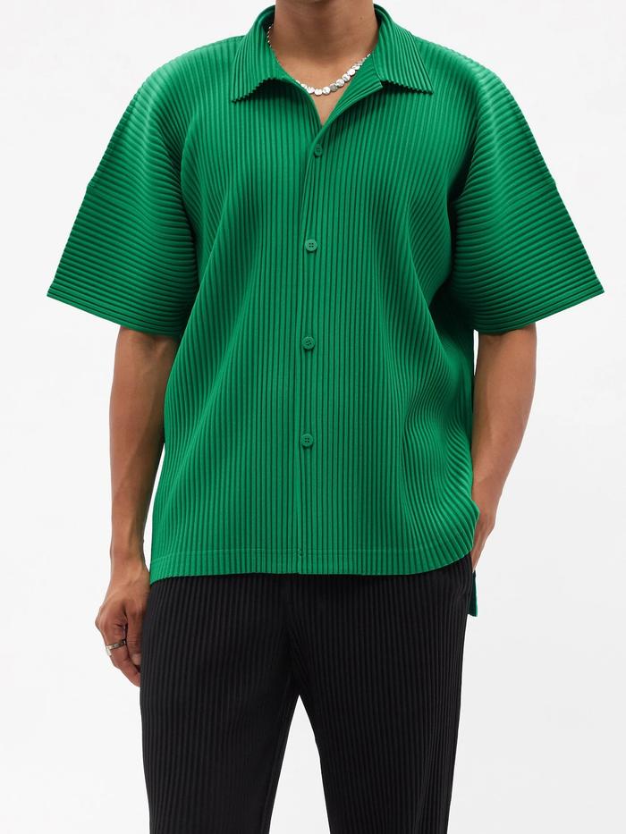 Miyake Pleated Homme Plisse Men Smart Casual Shirt Turn-down Coll
