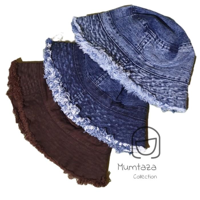 Murah Bucket hat jeans ripped ends Uni washing fashionable