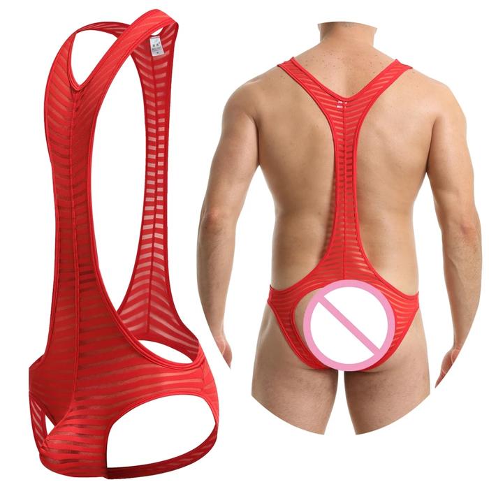 Bodysuit pria seksi Lingerie erotis Leotard tembus pandang bergaris