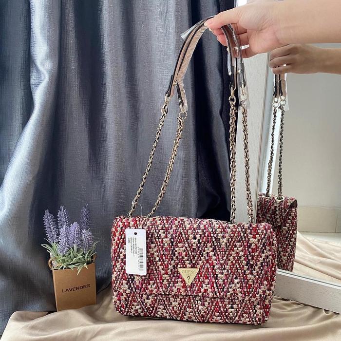 Tas Slempang Wanita Guess Cessily Tweed Flap G808 Premium Colletion
