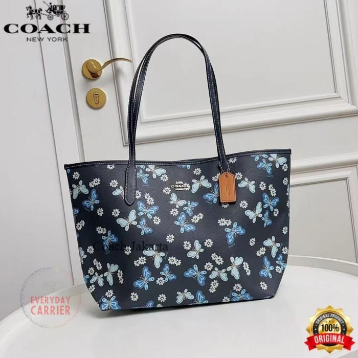 COACH Tas Wanita Tote Bag CH with Lovely Butterfly Print Navy