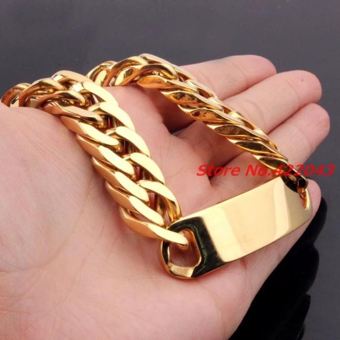 Produk Gelang Pria Rantai Titanium Plat Warna Gold Emas Asli Original