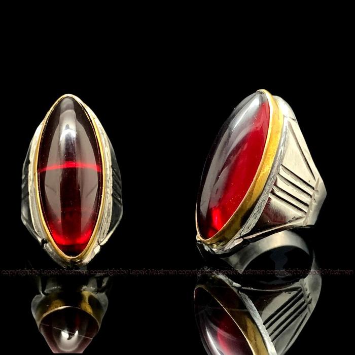 Produk Cincin Pria Batu Merah Siam Emban Cangkang Pandan Baja Anti