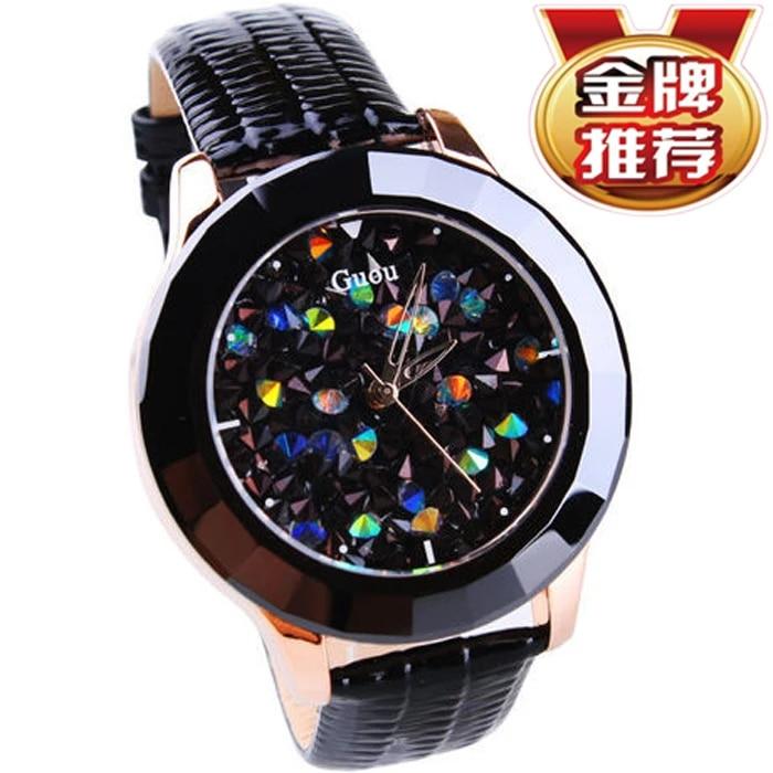Luxury Guou Brand Genuine Leather Strap Women Watch Full Crystal