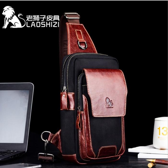 T178 LAOSHIZI LUOSEN Tas Selempang Pria Bahan KULIT SAPI ASLI