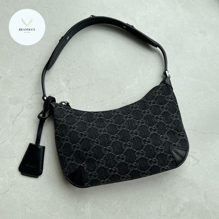 Brandluxid gg horsebit slim flat bag in black/grey denim