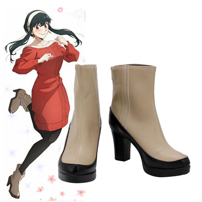Anime Spy X Family Yor Forger Cosplay Casual Red Sweater Shoes Brown