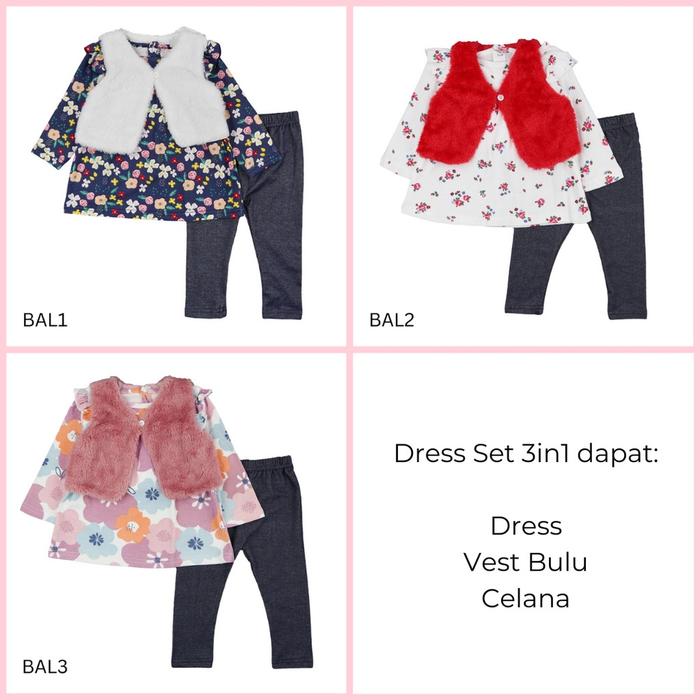MINIBOO - Dress Set 3in1 kode BAL (PAKET DRESS ANAK BAYI) NEW!!