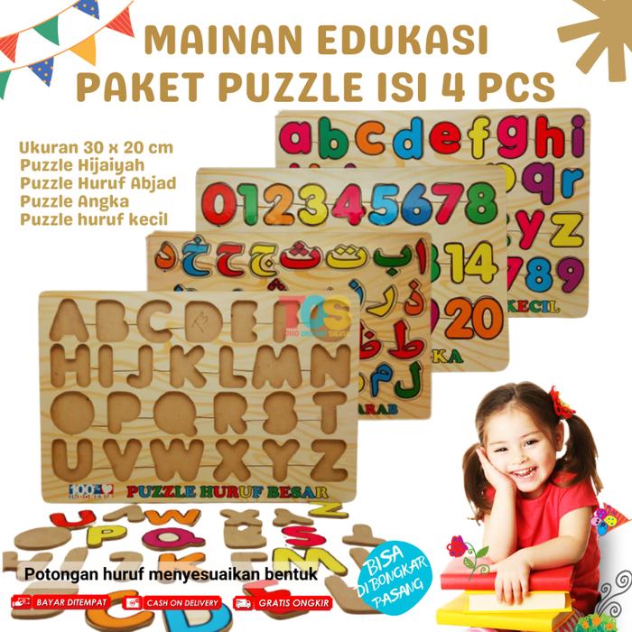 Paket 4 Puzzel Mainan Anak Puzzle Kayu Angka Hijaiyah Huruf Hewan