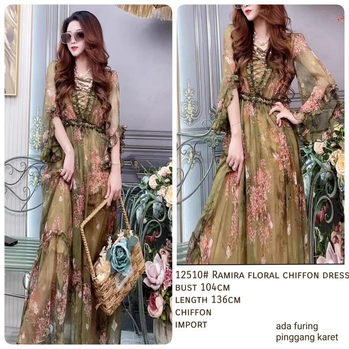 [Basica Moda] 12510 Gaun Dress Wanita Ramina Motif Floral Chiffon