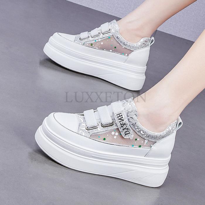 7cm Mesh Genuine Leather Platform Wedge Sneaker Chunky Casual Vul