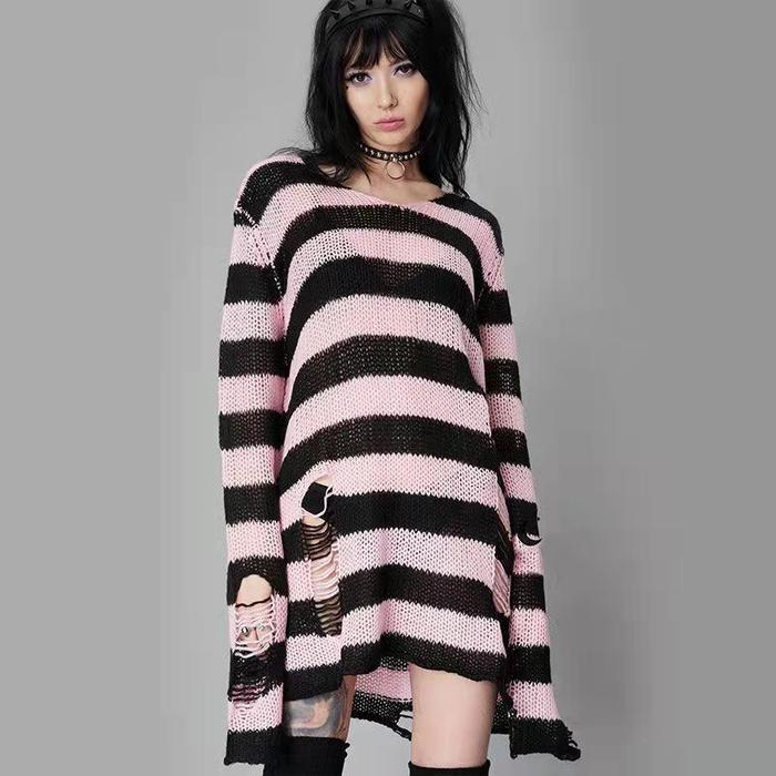 Black Red Striped Gothic Sweater Women Knitted Pullover Hollowed