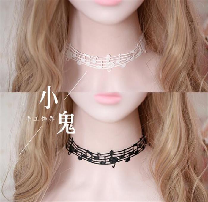 lolita Kawaii black white  musical note Necklace lace Chokers Nec