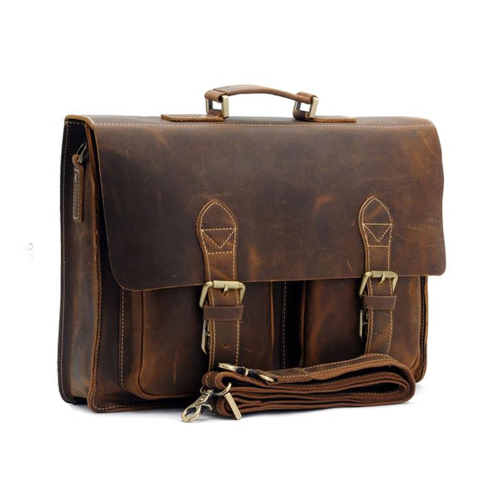 Men's Vintage Genuine Crazy Horse Leather Briefcase Messenger