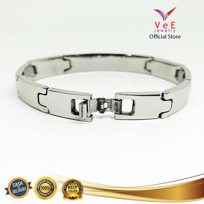 Gelang Titanium Perak Jam Plat Panjang - VeE Gelang Tangan Wanita Pria