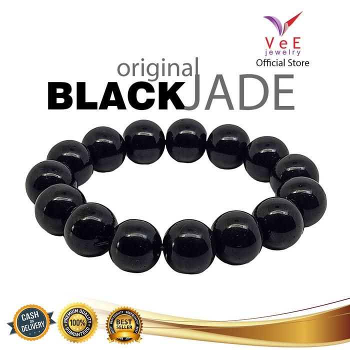Gelang Black Jade Batu Giok Cina Asli 13mm Hitam Pekat - VeE Bracelet
