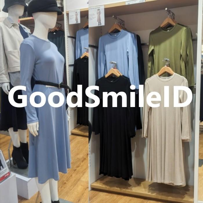 NEW Women Gaun Flare Rib Lengan Panjang Dress Midi Wanita UNIQLO