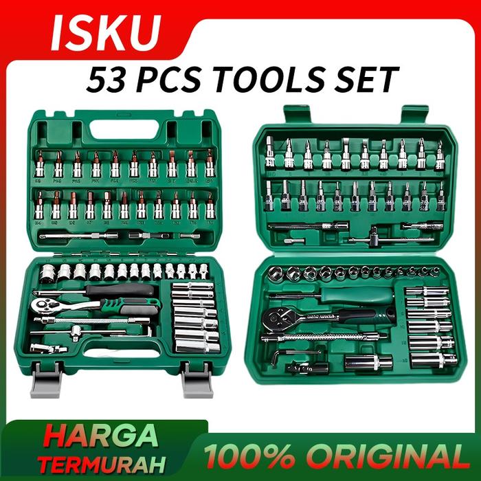 Isku Kunci Shock Set Kunci Mata Sok 53 Pcs Set Socket (1/4 ") Full Tool Kit Alat Perbaikan Mobil Set