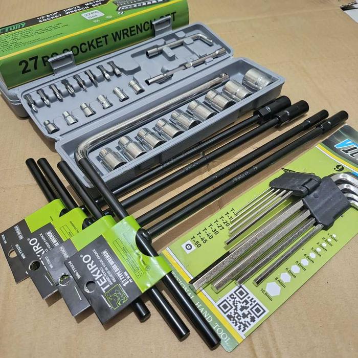 Kunci Shock Set Sok 27Pcs Victory + Kunci T 4Pcs 8-10-12-14 Mm Tekiro + Kunci L Set 9Pcs Victory Mur
