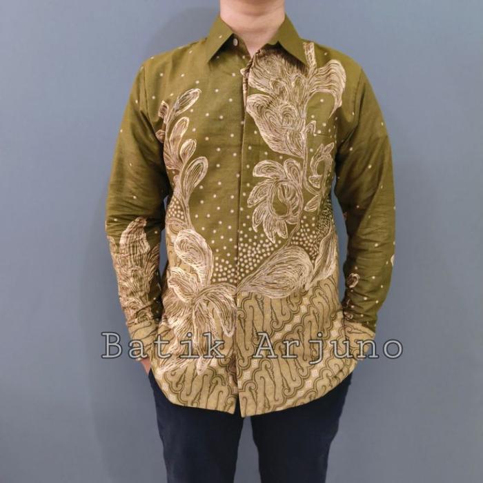 Ready Stok kemeja baju batik pria lapis furing ekslusive lengan panjang Anggrek Hijau Lumut ijo