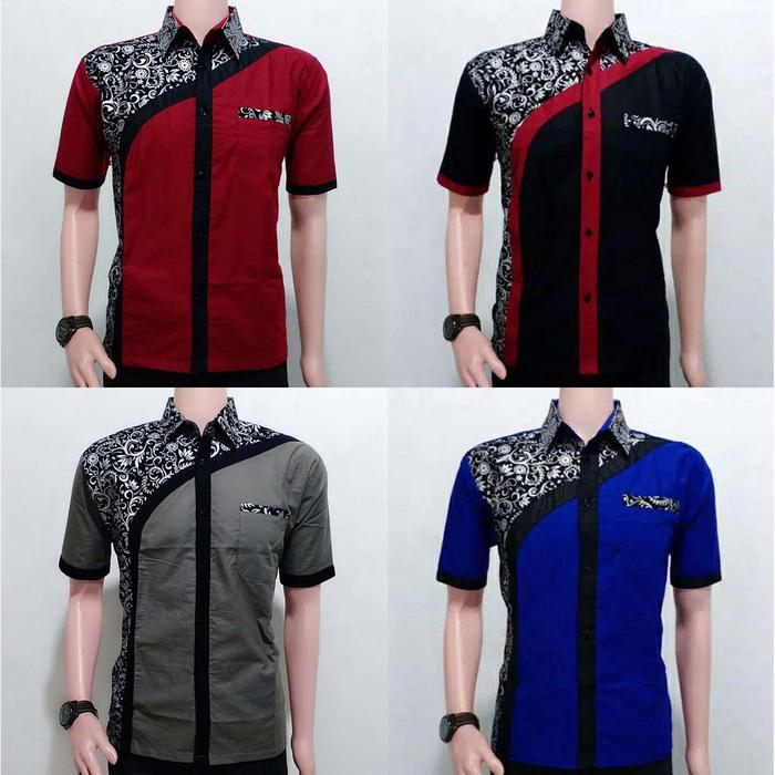 Ready stok Baju Batik Pria Kombinasi Polos Kertabumi Lengan Pendek