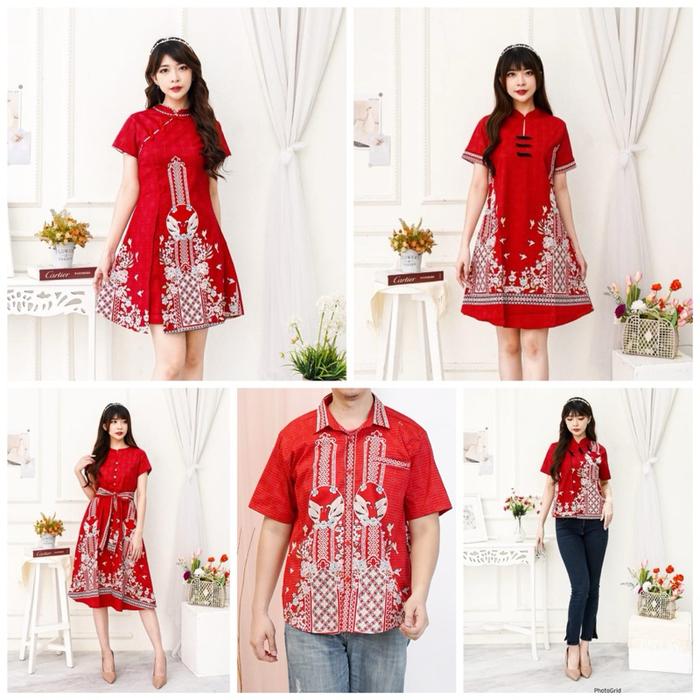 (COD) Dress merah batik sangjit / Cheongsam batik couple seragam keluarga qipao / congsam peacock pu