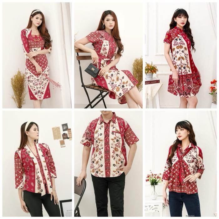 (COD) Couple dress batik modern merah imlek / Cheongsam qipao dress merah batik wanita / kemeja pria