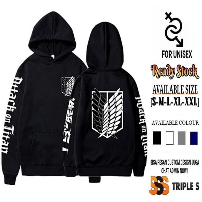 Stok Terbatas! HOODIE JUMPER ANIME JEPANG ATTACK ON TITAN - SABLON PUTIH DEPAN BELAKANG LENGAN KANAN