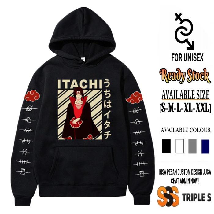 Terhemat HOODIE JUMPER ANIME NARUTO JEPANG ITACHI UCHIHA COOL SABLON DEPAN DAN LENGAN KANAN KIRI Ter