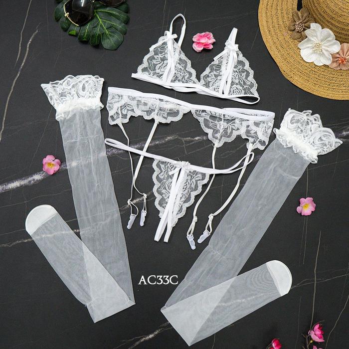 Sabuk Paha + BH CD Seksi Bra Set + Stocking Sexy Lace Putih AC33C
