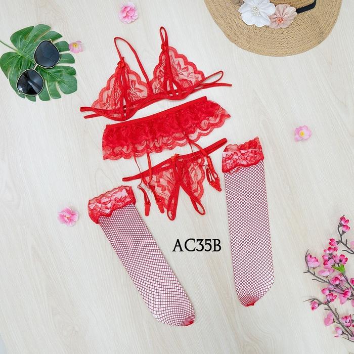BH CD Seksi Bra Wanita + Stocking Jaring Sexy + Garter Belt Merah