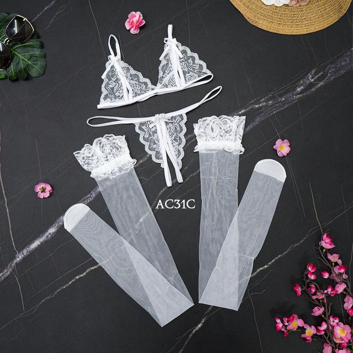 Set Bra Cd G String Underwear Wanita + Stocking Sexy Lace Putih AC31C