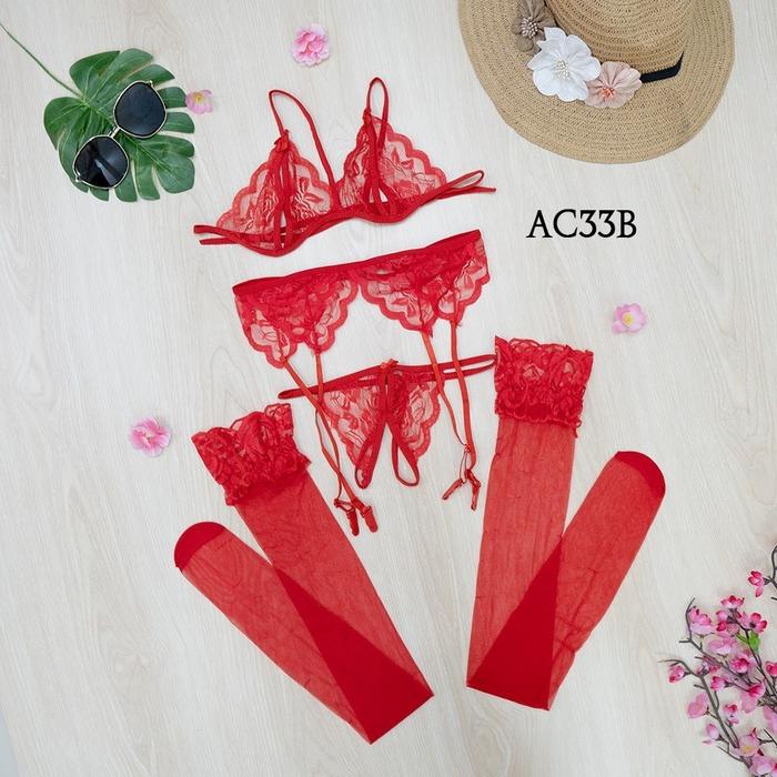 Bra Set BH CD Seksi + Sabuk Paha + Stocking Sexy Lace Merah AC33B