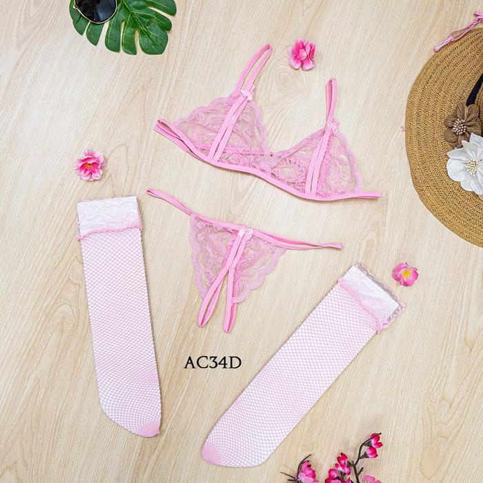 Stocking Jaring Sexy + Bra Set G STring Underwear Wanita Lace Pink
